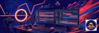 a computer screen with two monitors and a red neon light