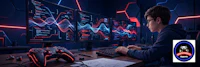 a man sitting at a computer with two monitors in front of him